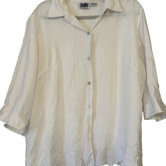 Edward Linen 100% Irish 2X Plus Size Embroidered Scallop hem Button white Top - Picture 1 of 12